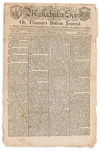 (AMERICAN REVOLUTION--PRELUDE.) Issue of the Massachusetts Spy from the date of the Boston Tea Party.